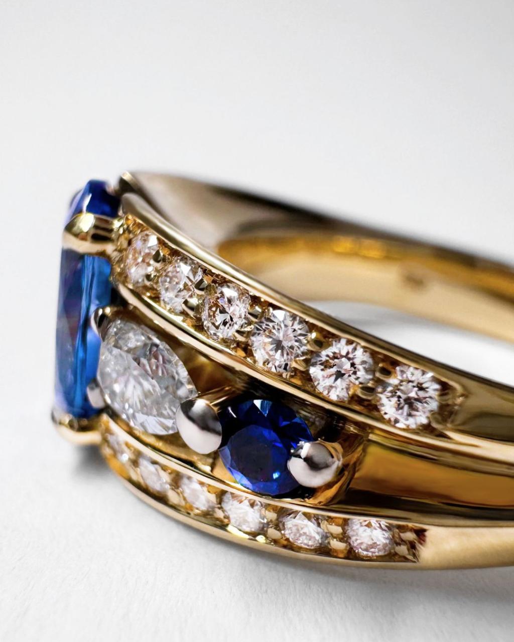 Vivid Bridge Couture with Sapphire & Natural Diamond Ring, 18ct Yellow Gold