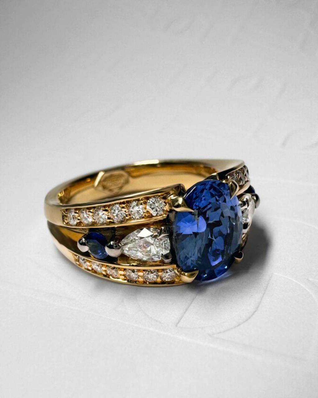 Vivid Bridge Couture with Sapphire & Natural Diamond Ring, 18ct Yellow Gold