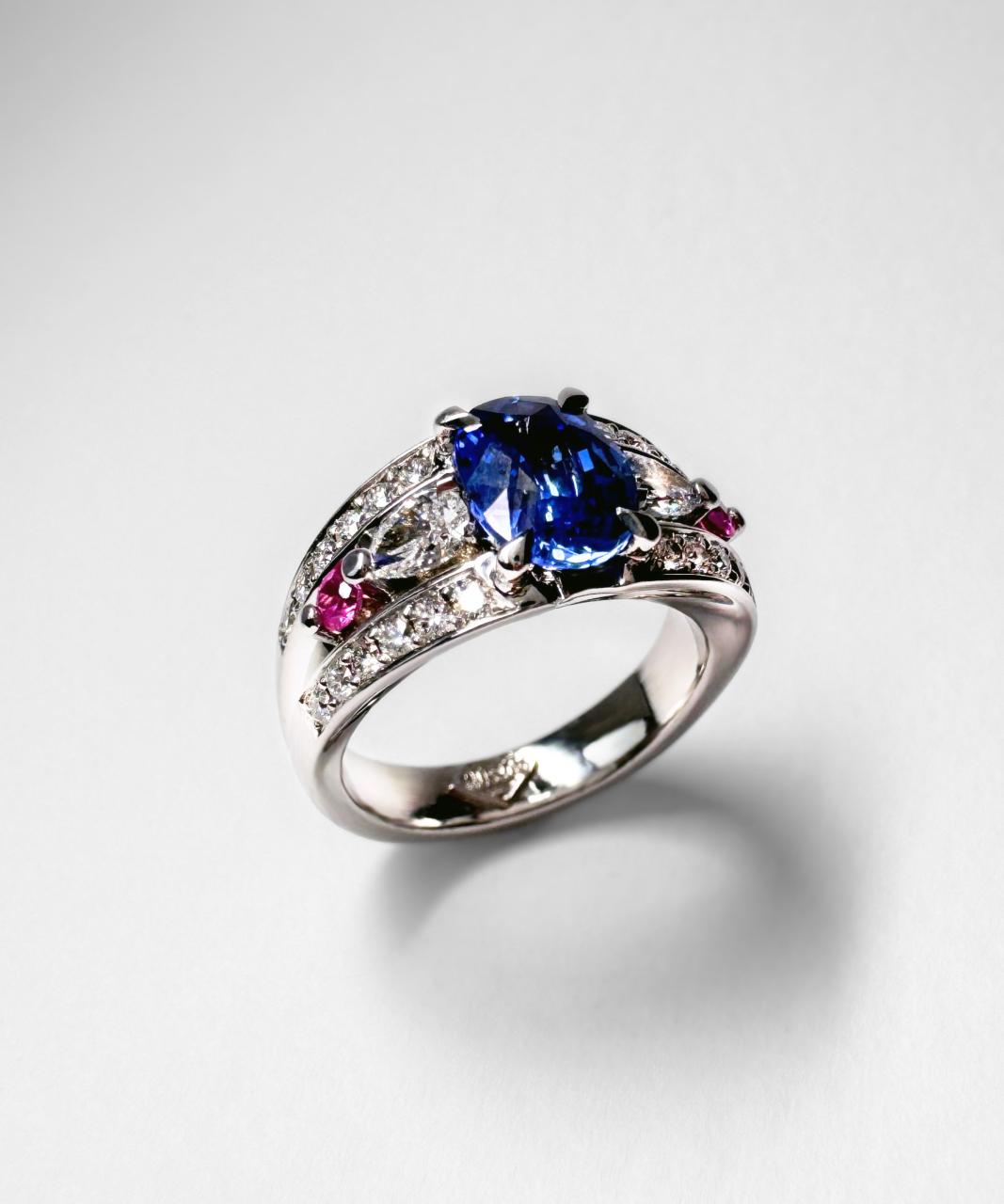 Vivid Bridge Couture with Sapphire and Natural Diamond Ring, 18ct White Gold