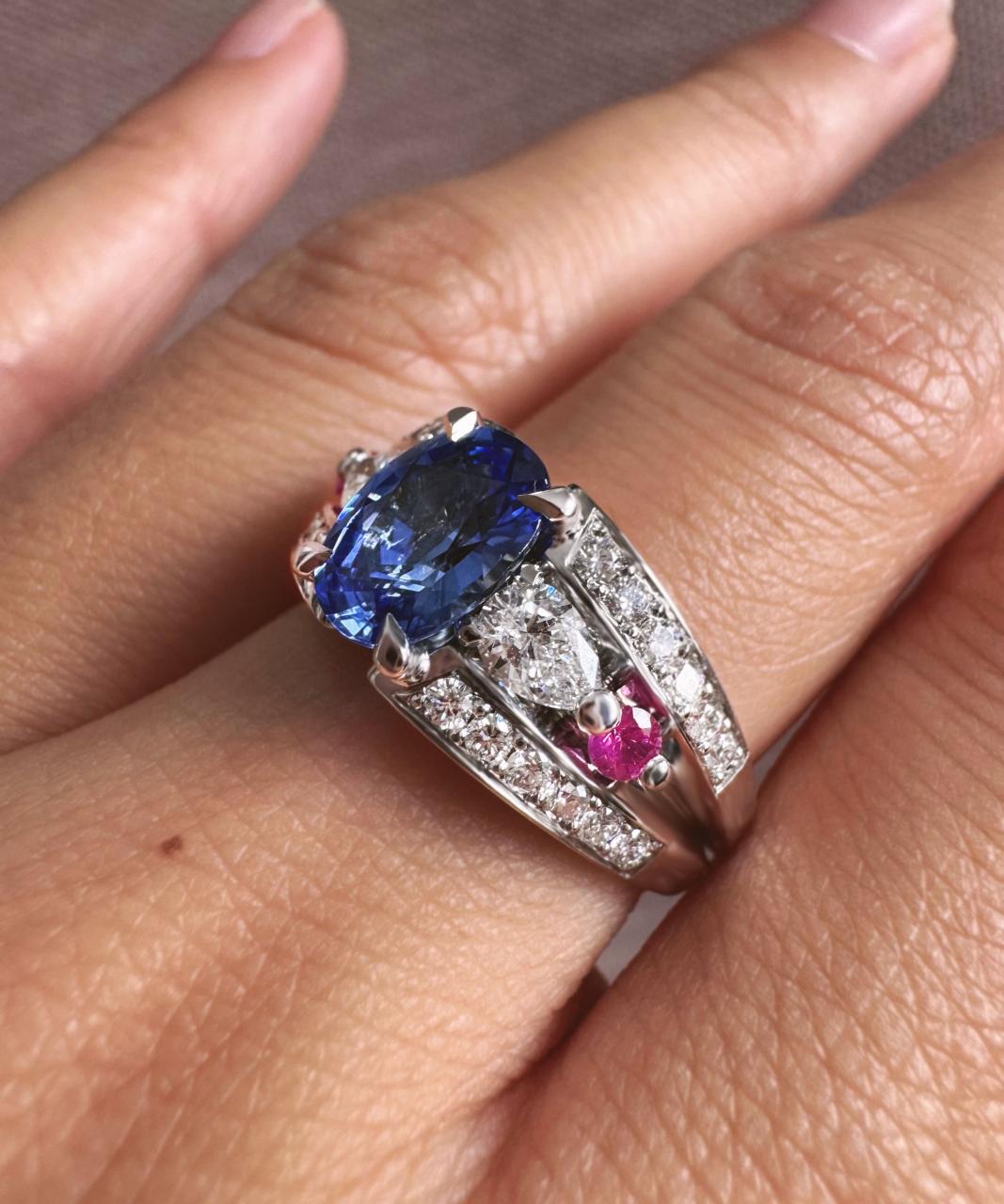 Vivid Bridge Couture with Sapphire and Natural Diamond Ring, 18ct White Gold