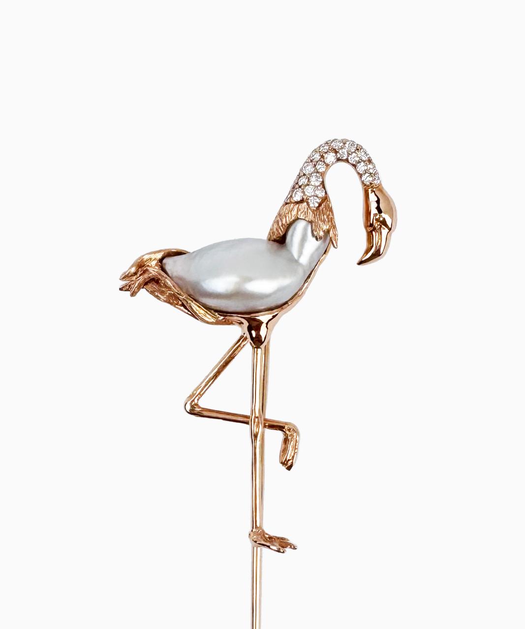 Flamingo Pearl and Diamond Lapel Pin, 18ct Rose Gold