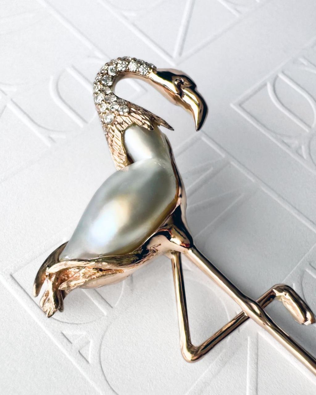 Flamingo Pearl and Diamond Pin, 18ct Rose Gold