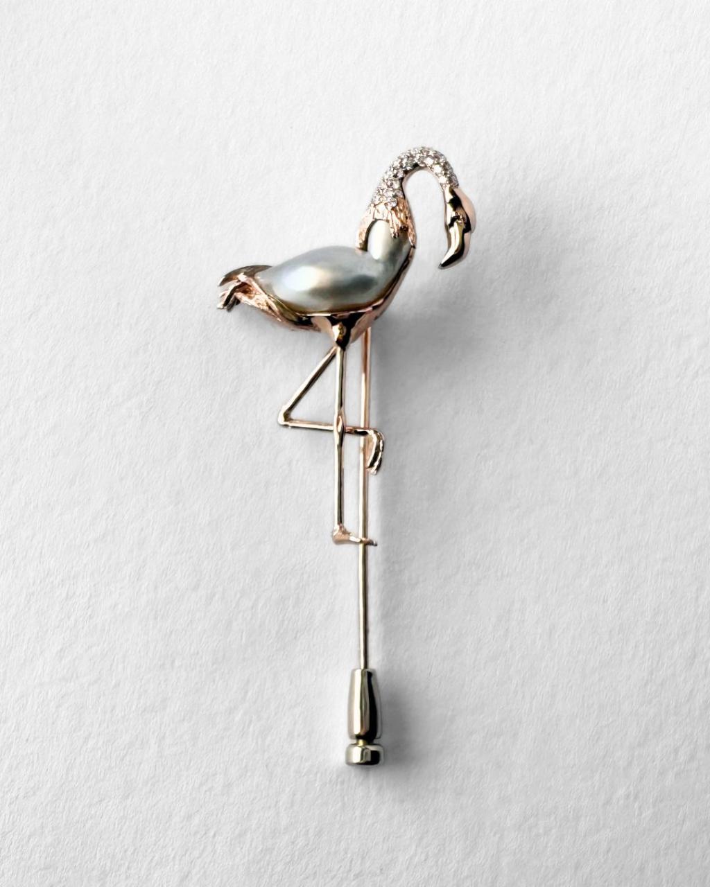 Flamingo Pearl and Diamond Pin, 18ct Rose Gold
