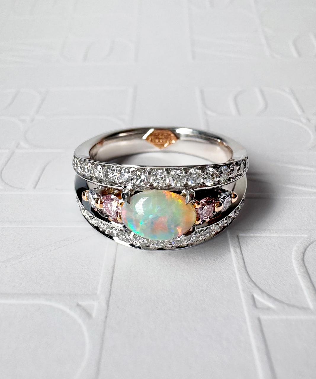 Vivid Bridge Couture Opal & Argyle Pink Diamond Ring, 18ct White Gold