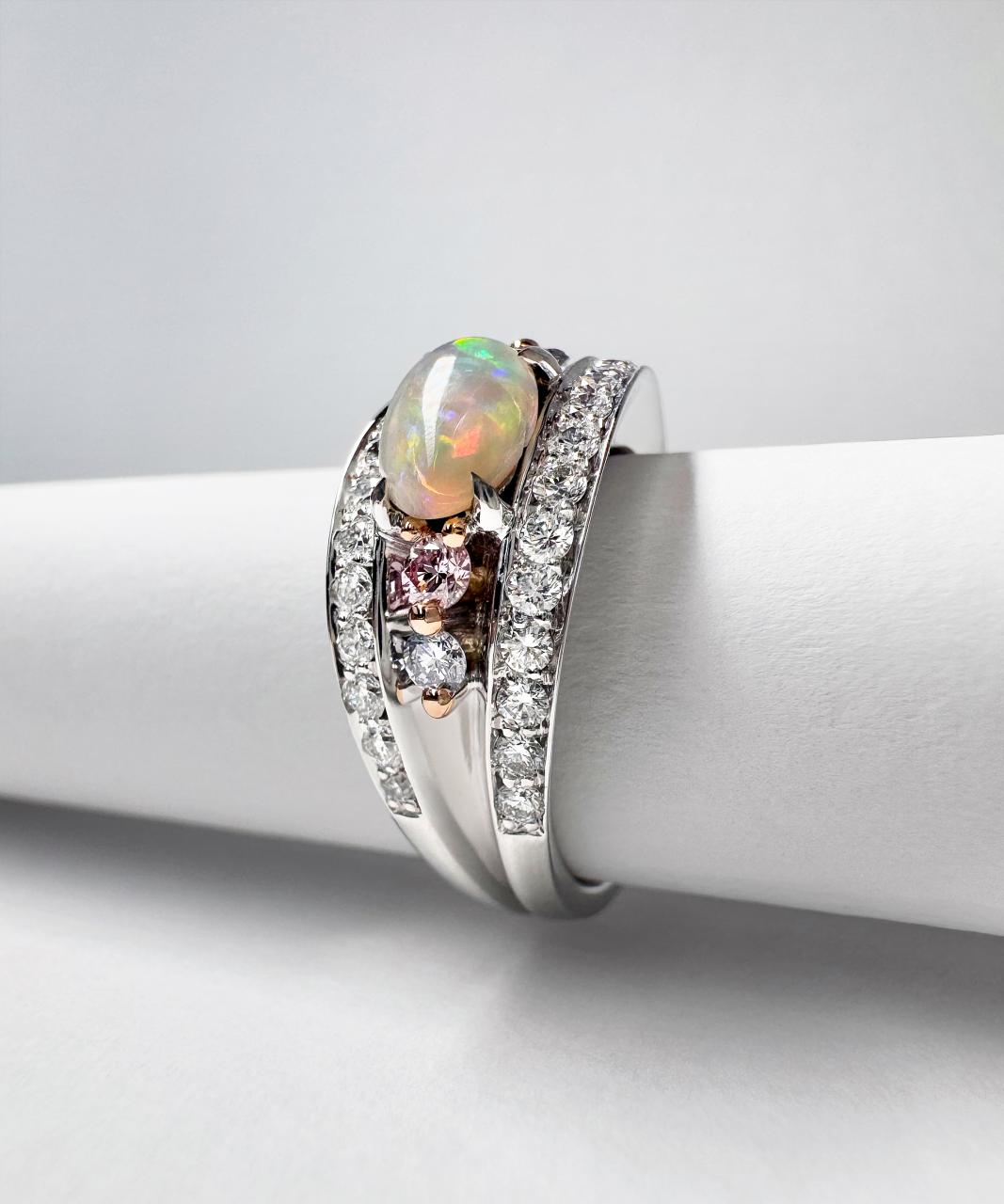Vivid Bridge Couture Opal & Argyle Pink Diamond Ring, 18ct White Gold