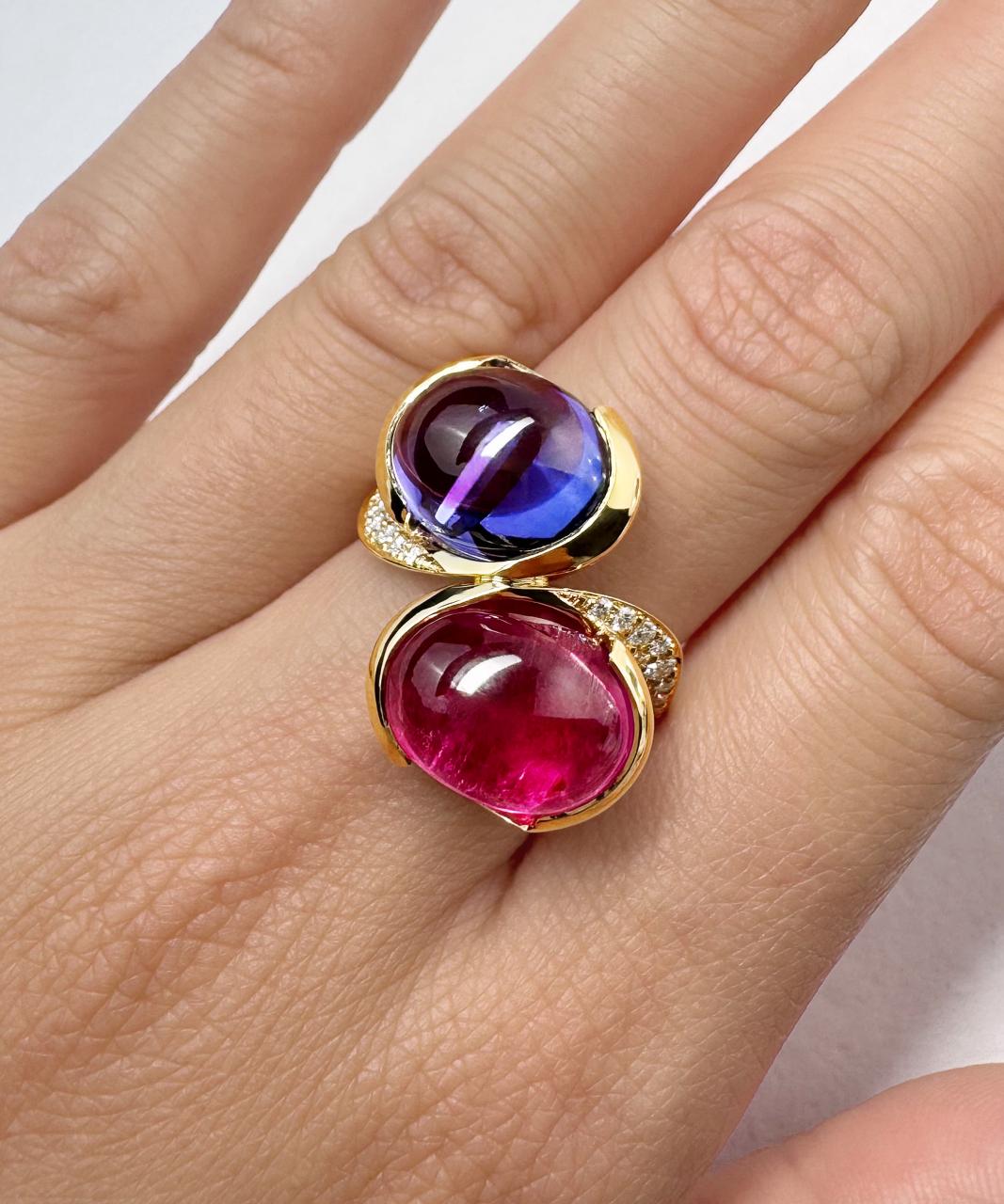 Selene Bespoke Tanzanite & Rubellite Tourmaline Ring, 18ct Yellow Gold