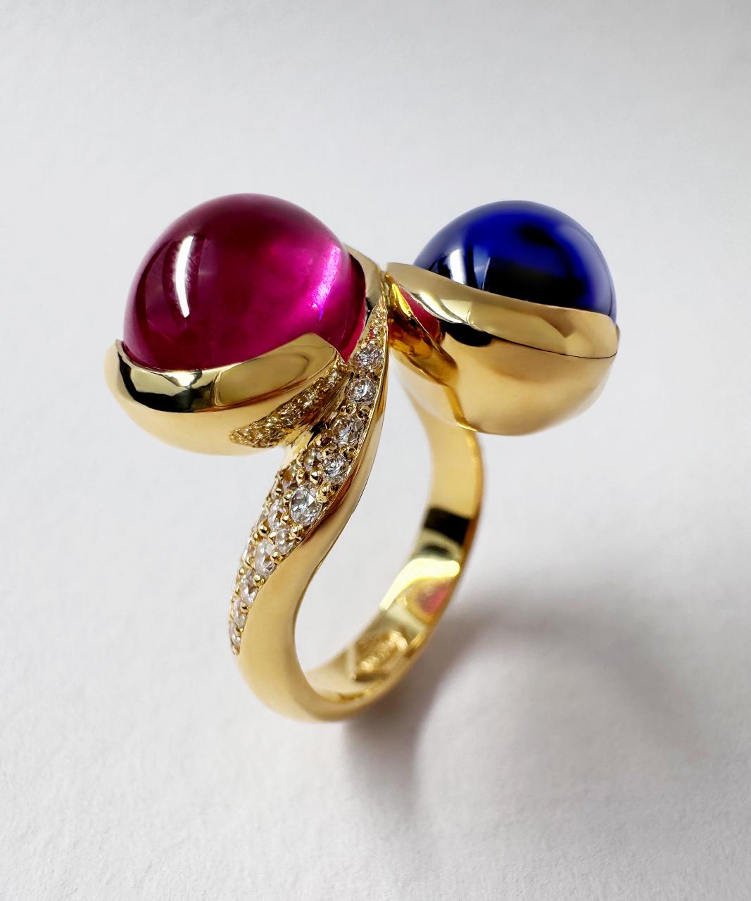 Selene Bespoke Tanzanite & Rubellite Tourmaline Ring, 18ct Yellow Gold