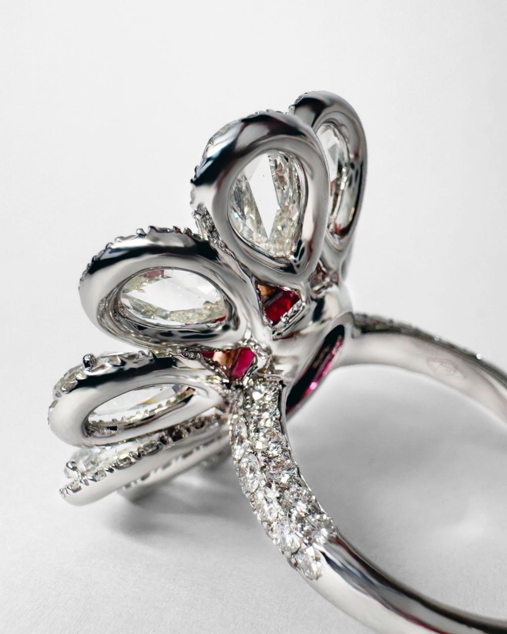 4ct Unheated Ruby & Rose Cut Diamond Ring, 18ct White Gold