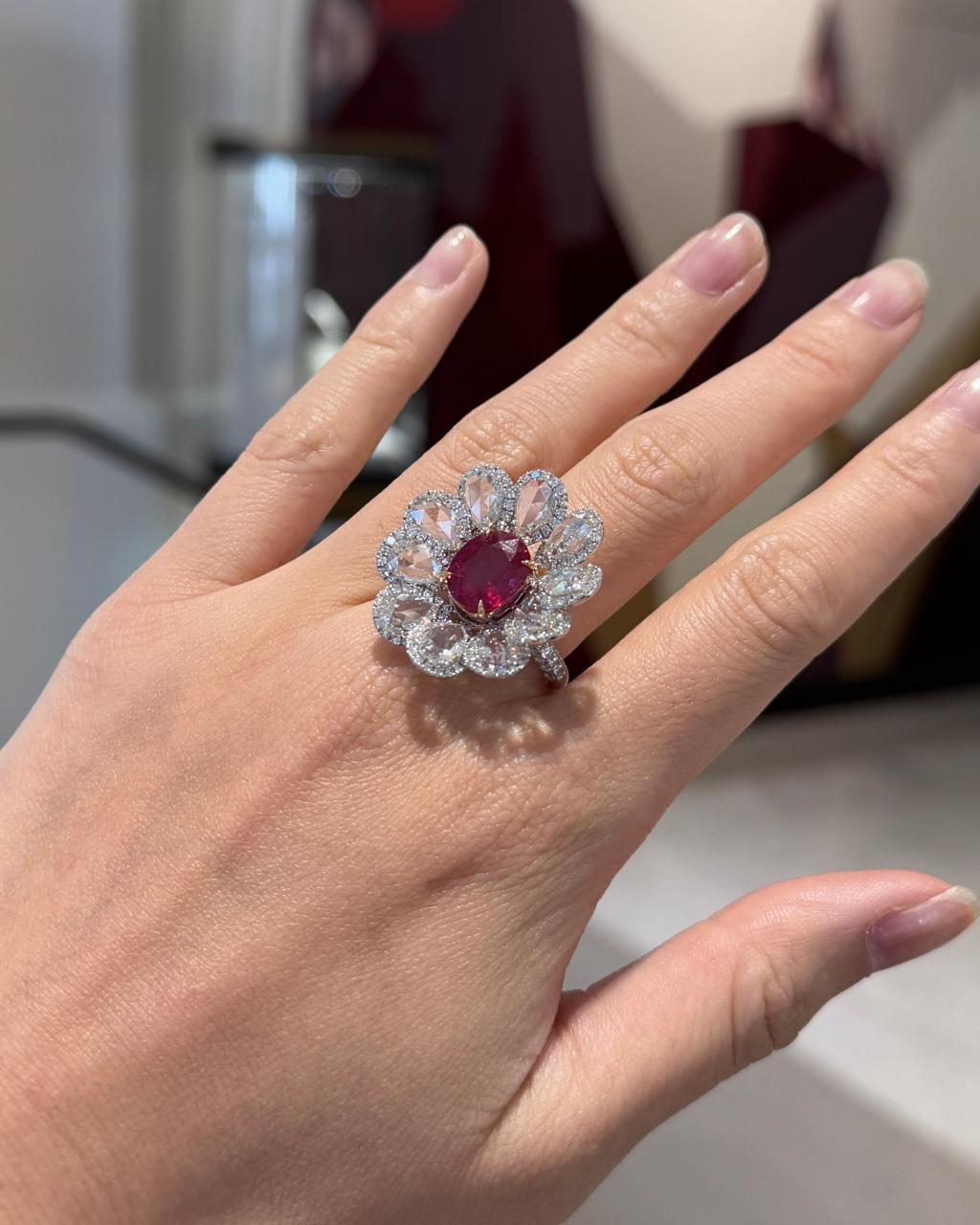 4ct Unheated Ruby & Rose Cut Diamond Ring, 18ct White Gold