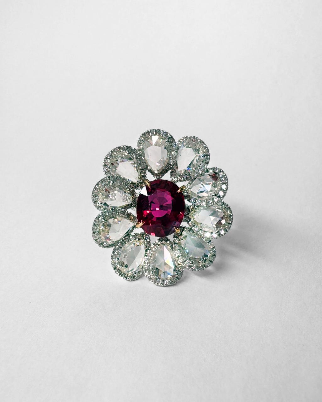 4ct Unheated Ruby & Rose Cut Diamond Ring, 18ct White Gold