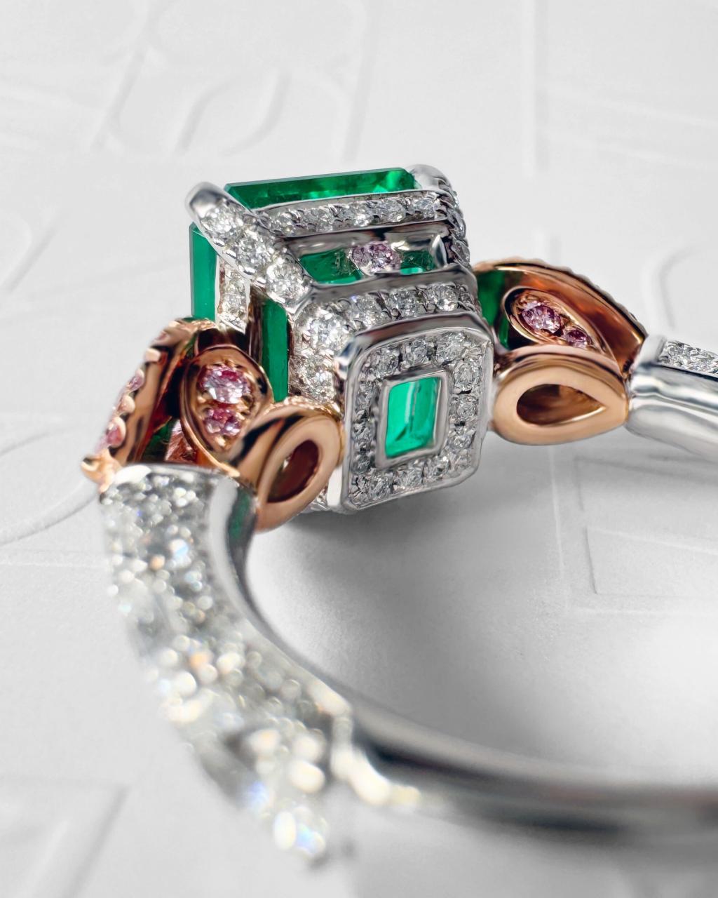 Naomi Muzo Emerald & Argyle Pink Diamond Ring, Platinum and 18ct Rose Gold