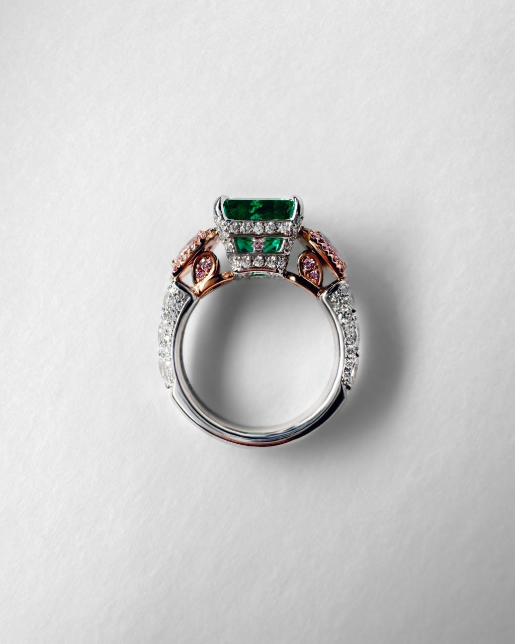 Naomi Muzo Emerald & Argyle Pink Diamond Ring, Platinum and 18ct Rose Gold
