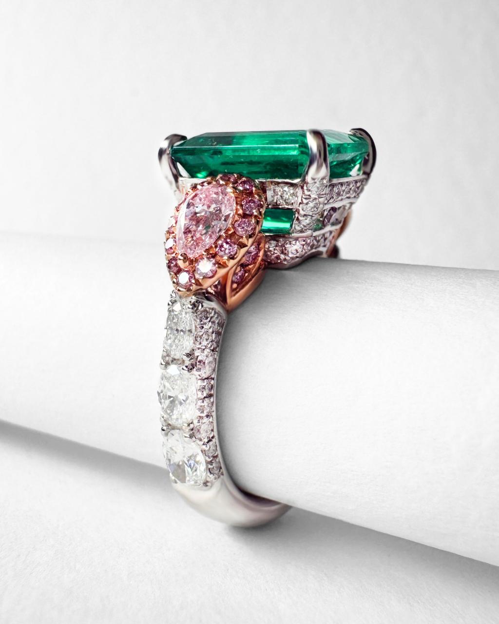 Naomi Muzo Emerald & Argyle Pink Diamond Ring, Platinum and 18ct Rose Gold