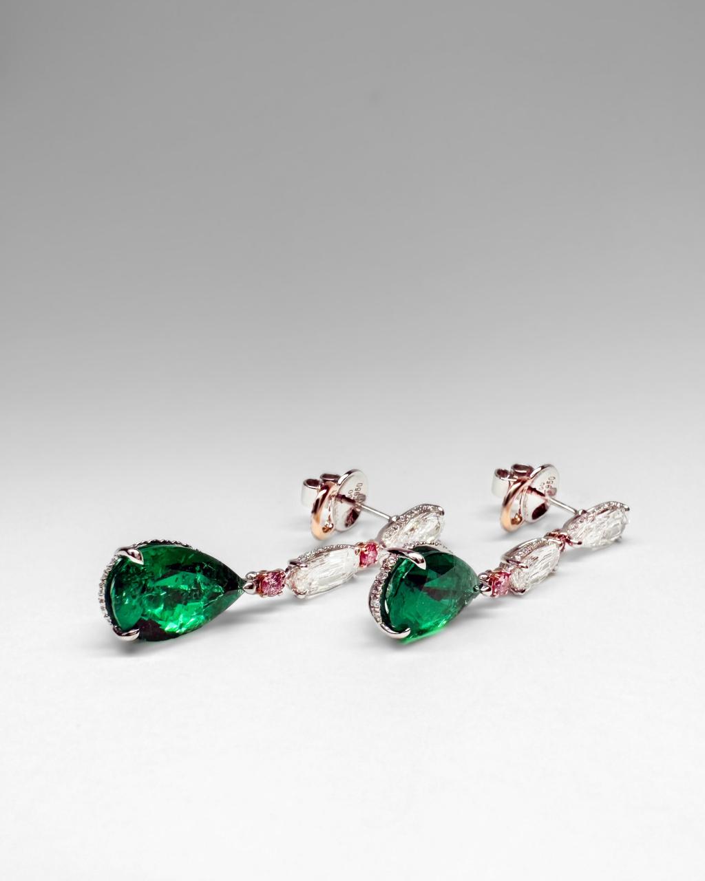 Lucia Muzo Emerald & Argyle Pink Diamond Earrings, Platinum and 18ct Rose Gold