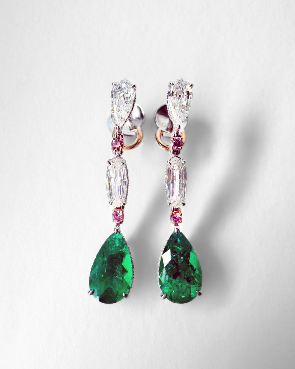 Lucia Muzo Emerald & Argyle Pink Diamond Earrings, Platinum and 18ct Rose Gold
