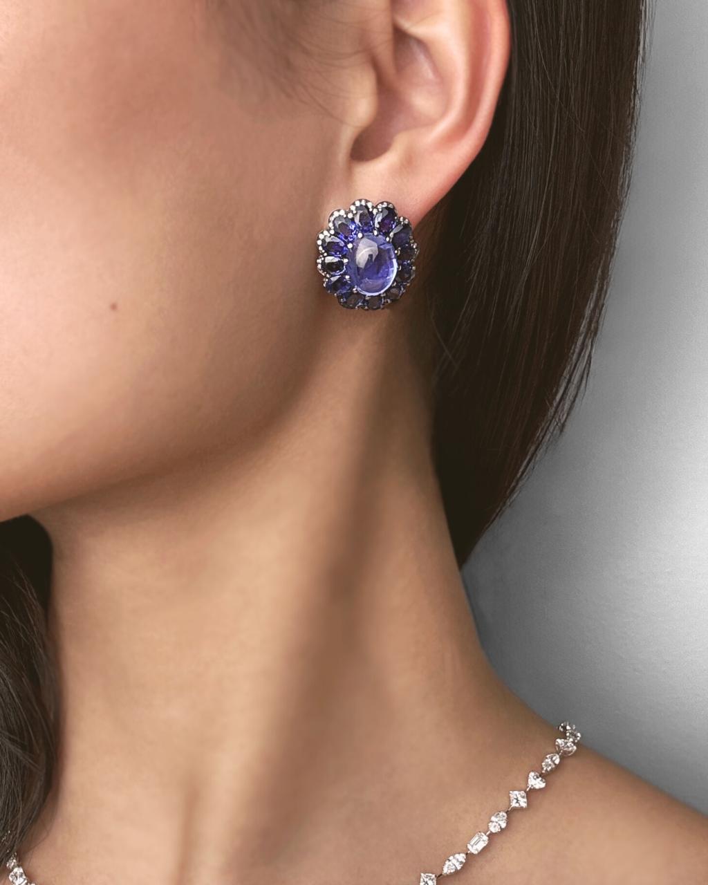 Cabochon Sapphire & Diamond Earrings, 18ct White Gold