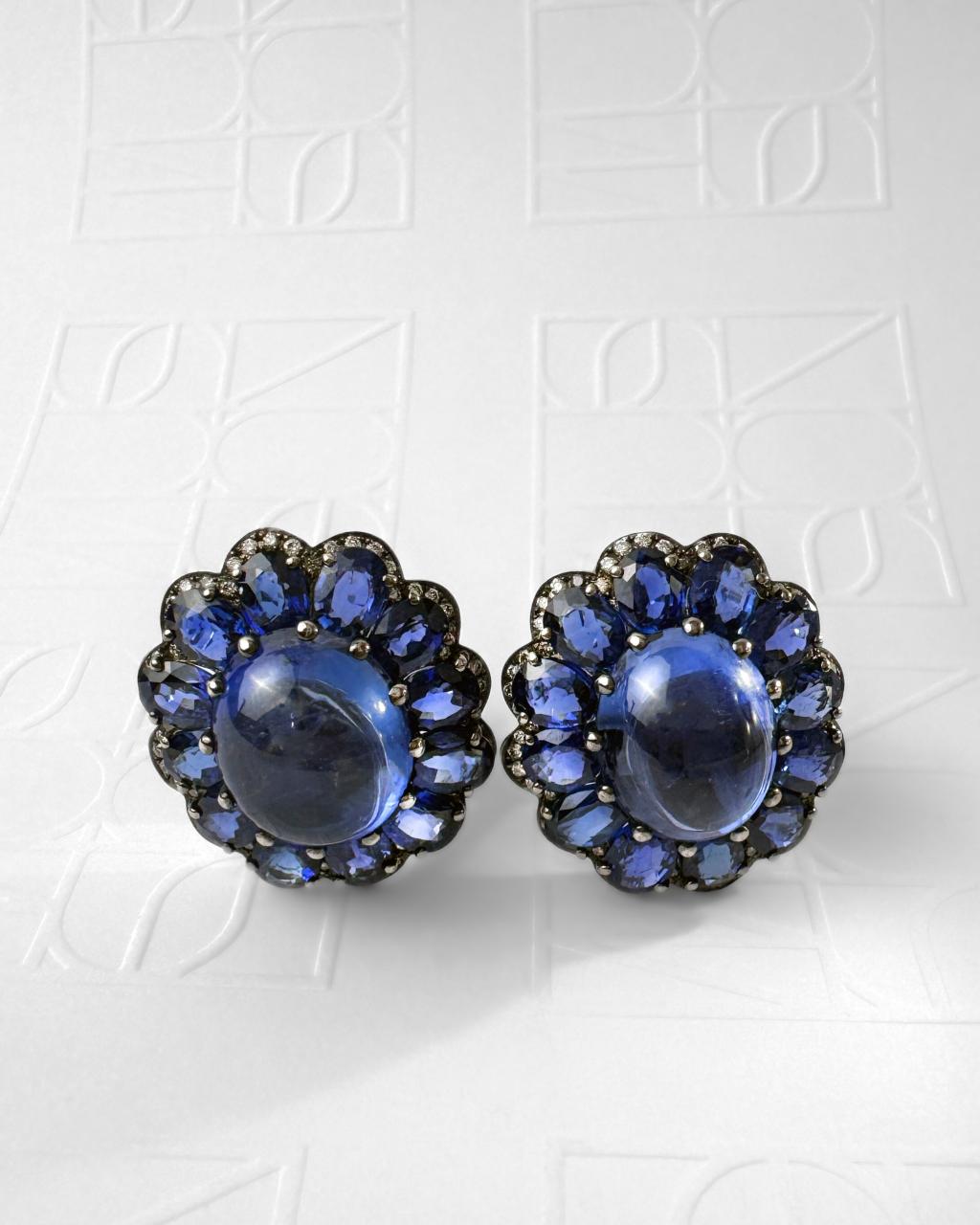 Cabochon Sapphire & Diamond Earrings, 18ct White Gold