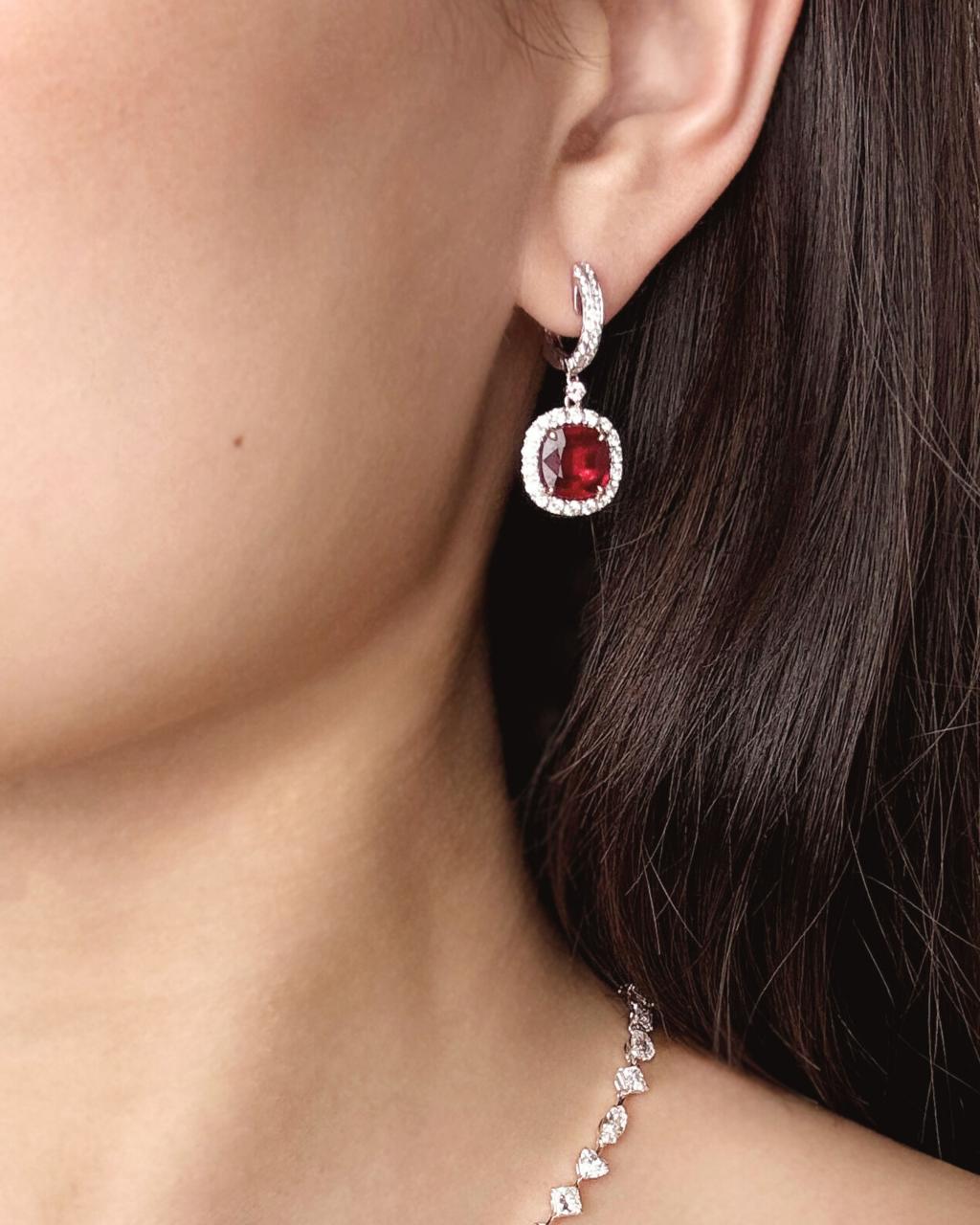 Vivid Ruby & Diamond Halo Drop Earrings, Platinum and 18ct Rose Gold