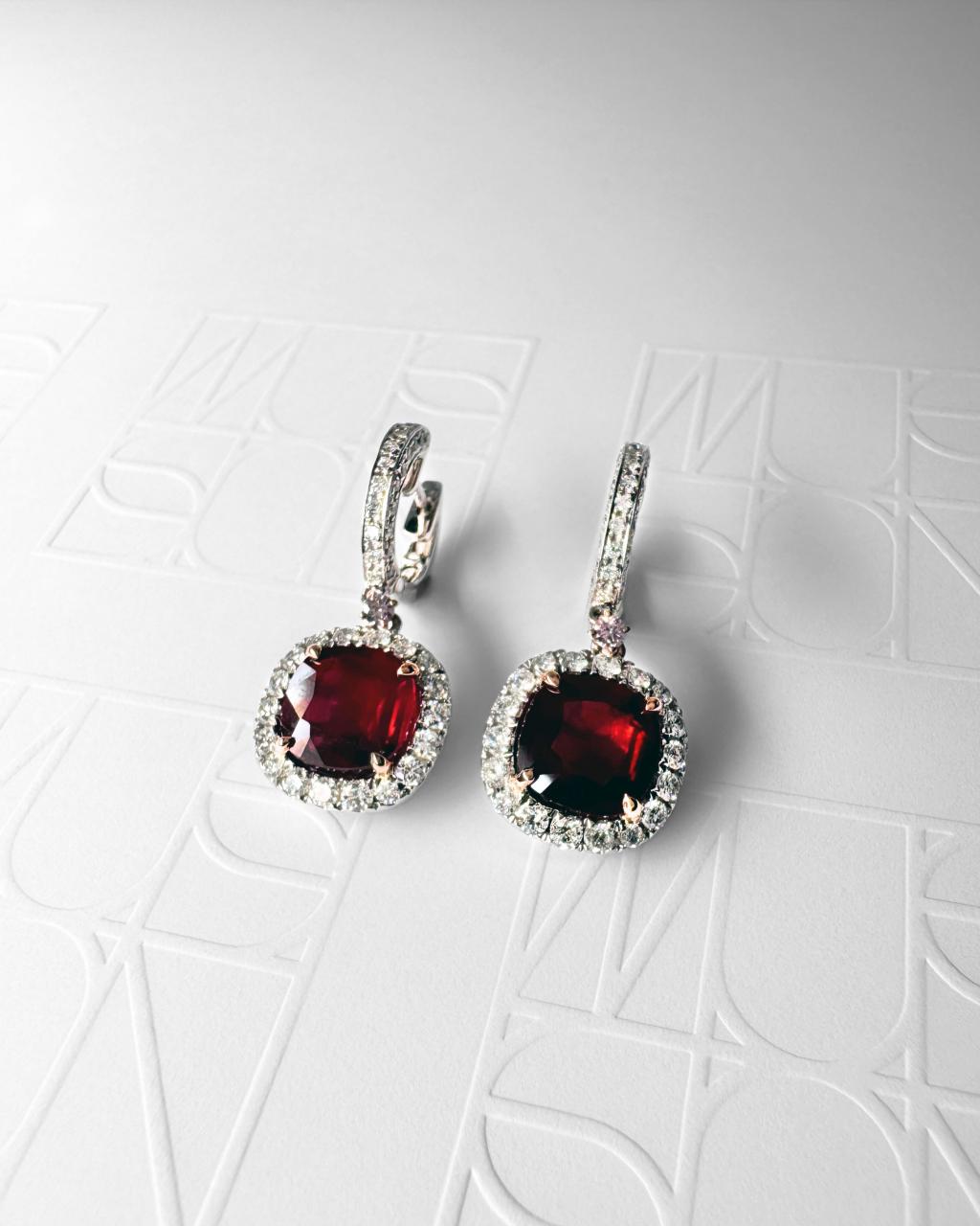 Vivid Ruby & Diamond Halo Drop Earrings, Platinum and 18ct Rose Gold