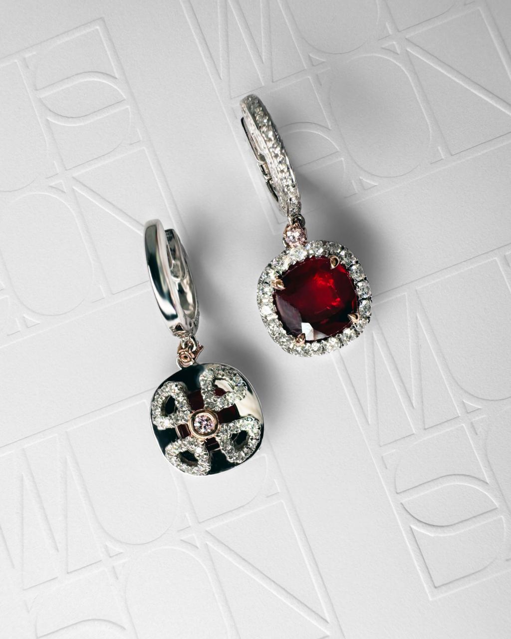 Vivid Ruby & Diamond Halo Drop Earrings, Platinum and 18ct Rose Gold