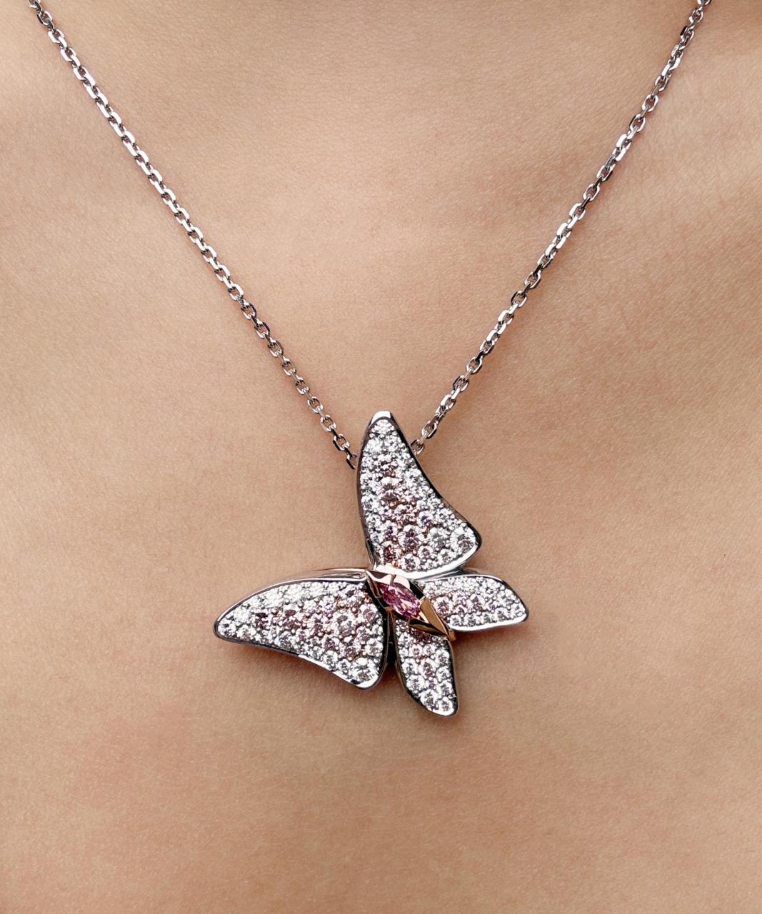 Argyle Pink Diamond Butterfly Necklace, 18ct Rose and White Gold