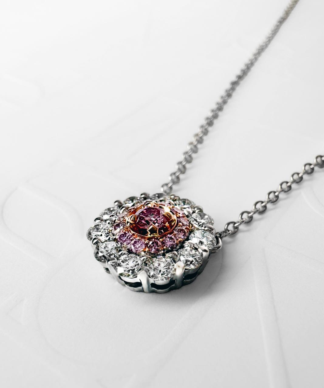 Double Halo Argyle Pink Diamond Necklace, 18ct White and Rose Gold