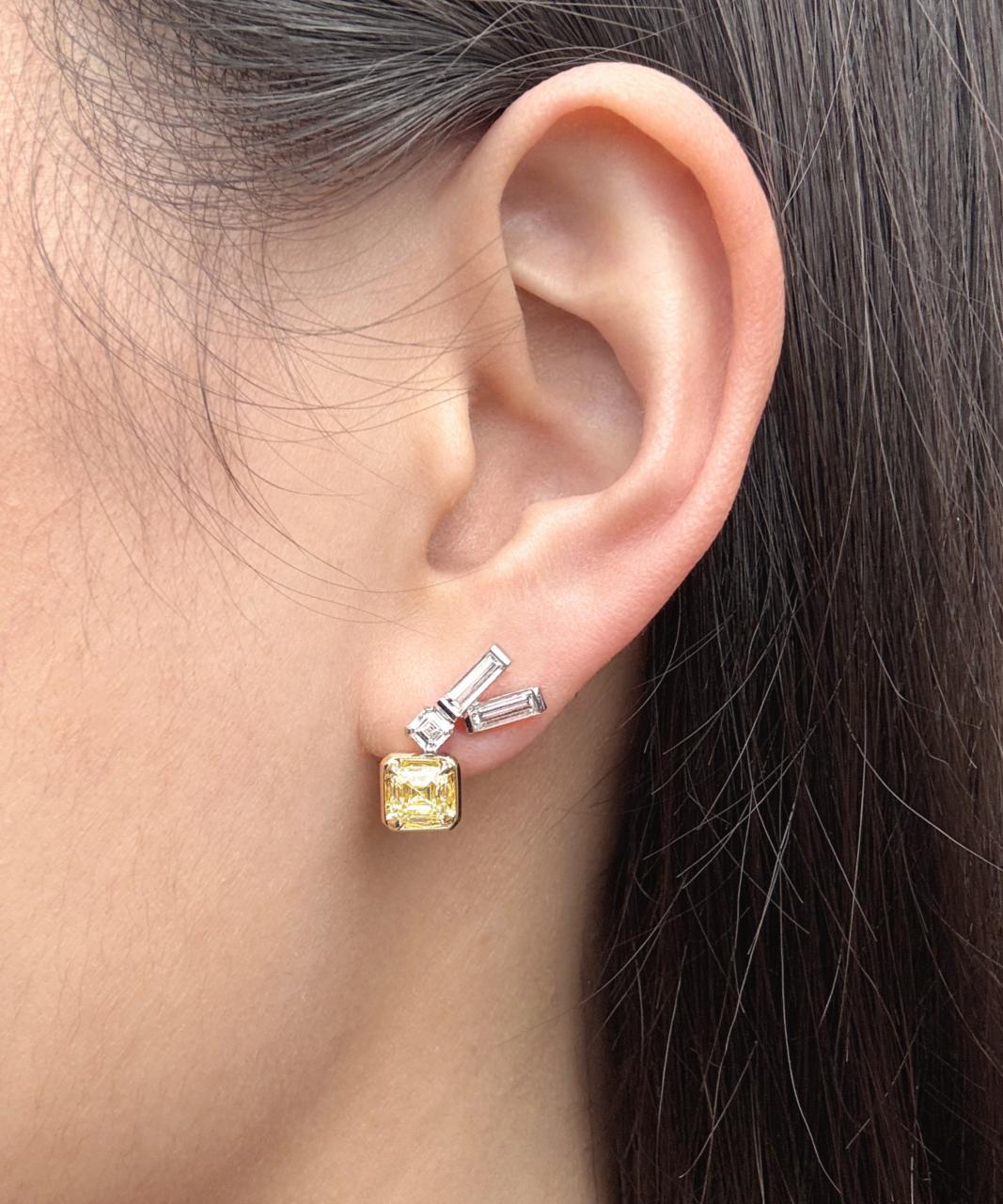 Geometric Fancy Yellow Diamond Earrings, 18ct Yellow and White Gold