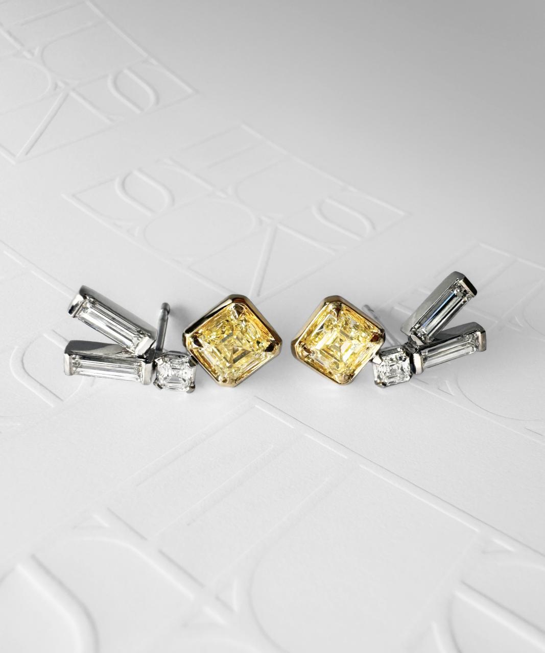 Geometric Fancy Yellow Diamond Earrings, 18ct Yellow and White Gold