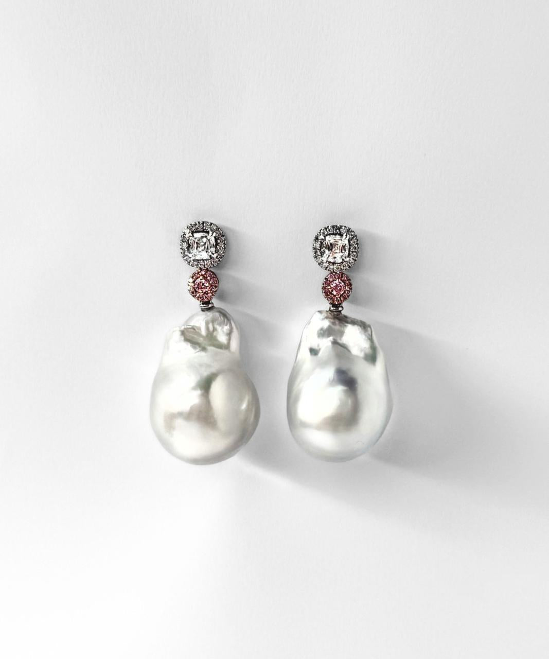 Argyle Pink Diamond & Baroque South Sea Pearl Earrings, Platinum and 18ct Rose Gold