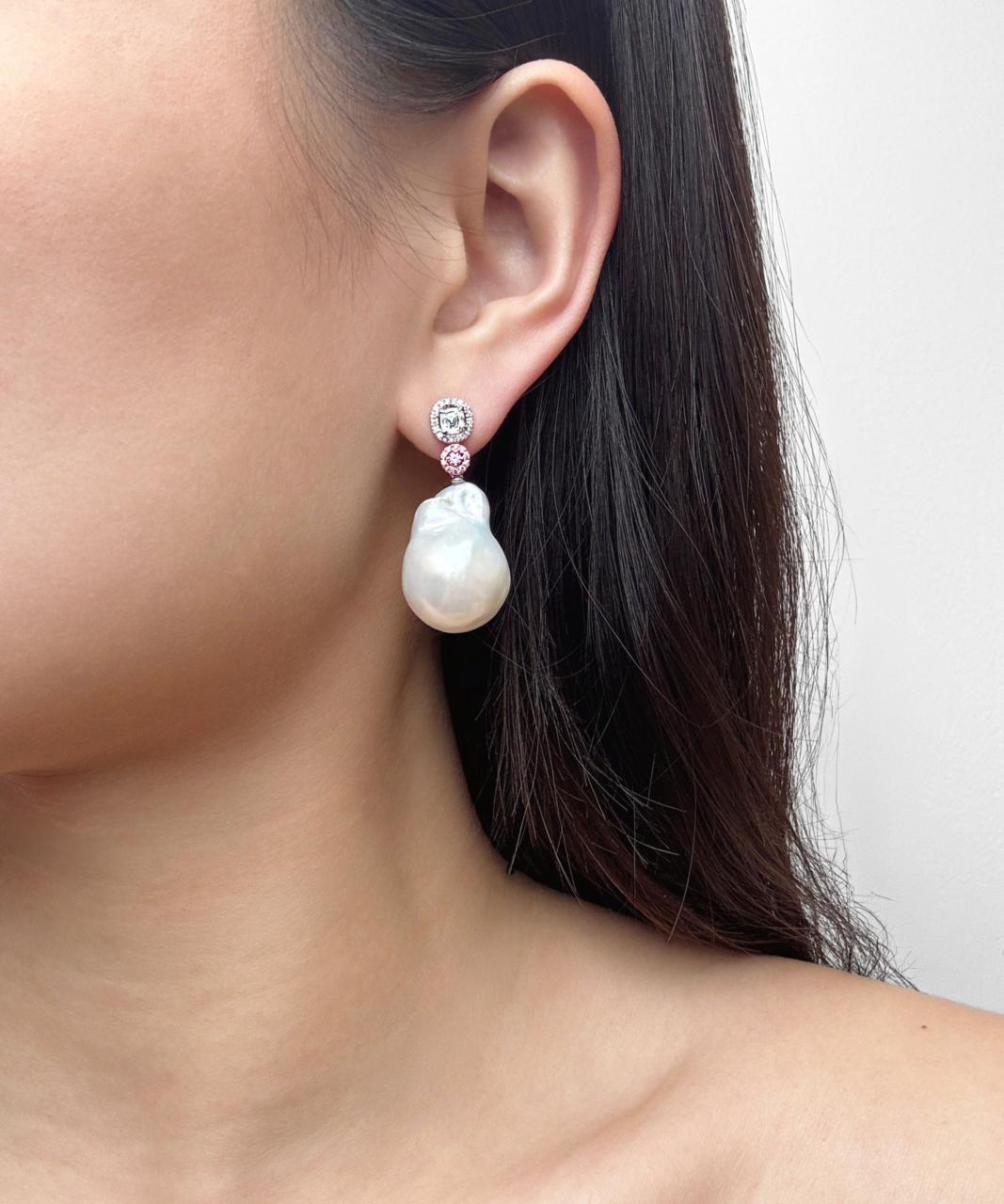 Argyle Pink Diamond & Baroque South Sea Pearl Earrings, Platinum and 18ct Rose Gold