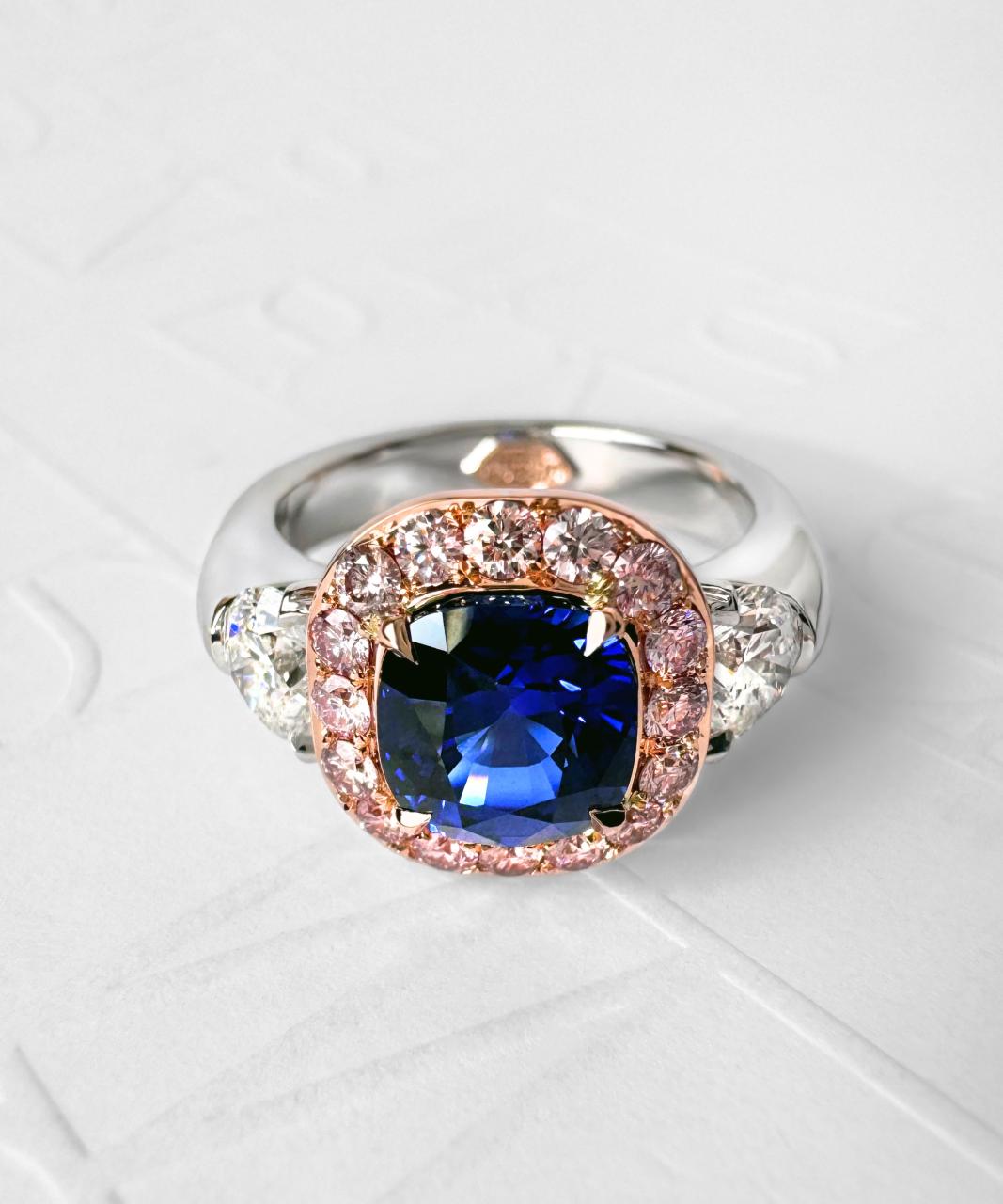 Cushion Cut Sapphire and Argyle Pink Diamond Ring, 18ct Rose and White Gold